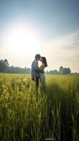 ai generativo romántico Pareja tomando un selfie y besos en un campo a vacaciones foto