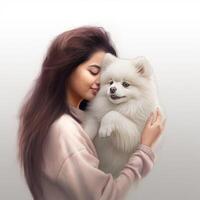 AI Generative Romantic hug between a white dog and its owner Human and animals in love photo