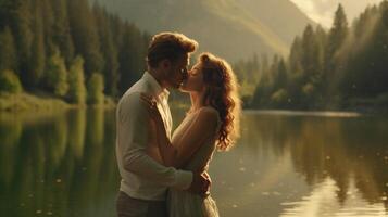 AI Generative Romantic kiss of a couple of adults visiting an alpine lake at Braies Italy Tourist in love spending loving moments together at autumn mountains Couple wanderlust and travel concep photo