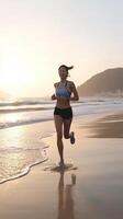 AI Generative Run woman stops for breath at the beach  sea backdroung  caucasian people  people and sport concept photo