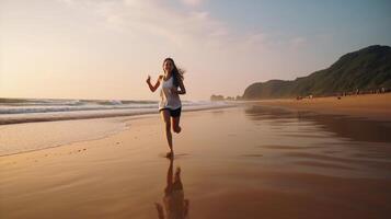 AI Generative Run woman with sea in the background  caucasian people  nature sport people and lifestyle concept photo