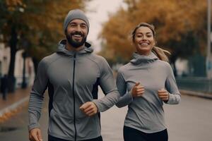 AI Generative Running couple jogging training outside on run  Black man and caucasian woman runner and fitness sport on city street  Exercising jogging and sport concept photo