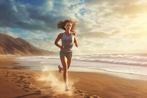 AI Generative Run woman with sea in the background  caucasian people  nature sport people and lifestyle concept photo