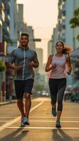 AI Generative Running couple jogging training outside on run  Black man and caucasian woman runner and fitness sport on city street  Exercising jogging and sport concept photo