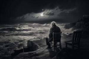 AI Generative Sad old man sitting by the sea Concept about people sadness and loneliness photo