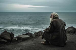 AI Generative Sad old man sitting by the sea Concept about people sadness and loneliness photo
