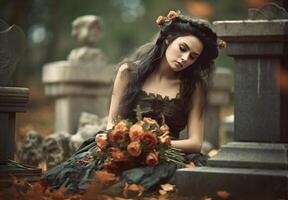 AI Generative Sad woman in the cemetery holding bouquet of roses in her hand photo