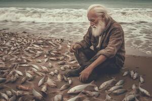 AI Generative Sad old man sitting by the sea Concept about people sadness and loneliness photo