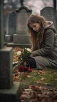 ai generativo triste mujer en el cementerio participación ramo de flores de rosas en su mano hembra afligido para un perdido amor religión y detener guerra concepto foto