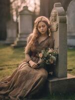 AI Generative Sad woman in the cemetery holding bouquet of roses in her hand  Female grieving for a lost love  Religion and stop war concept photo