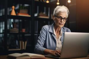 AI Generative Senior older woman taking a selfie working with laptop computer at home on the table in the living room Old mature people and technology photo