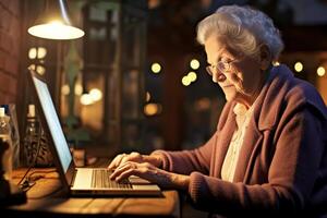 AI Generative Senior older woman working with laptop computer on the table at home indoor Old mature people and technology concept photo