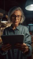 AI Generative Senior woman cooking vegetables at home reading a recipe on the tablet Old people using technology cooking food photo