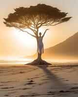 AI Generative Senior woman doing yoga exercise tree pose at beach at sunset  Calm and meditation concept photo