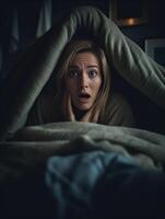 AI Generative Shy cute lovely young blonde woman lying in bed and hiding her face behind sheet photo