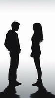 AI Generative Silhouette  Couple of guys relax standing head to head  White background  People concept photo