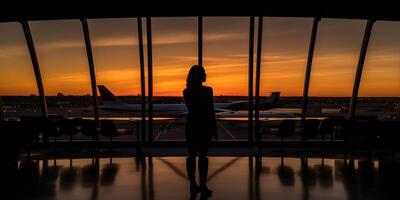 AI Generative Silhouette of a airport at sunset photo