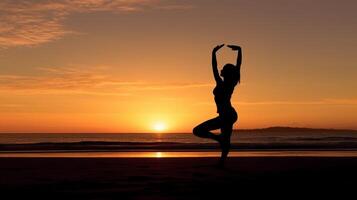 AI Generative Silhouette of a young woman swinging on the beach at sunset photo