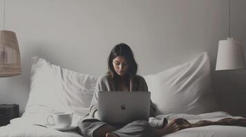 AI Generative Silhouette of a young pretty woman working on laptop drinking coffee in the morning on the bed at home photo