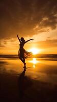 AI Generative Silhouette of a young woman swinging on the beach at sunset photo