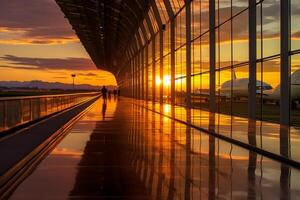 ai generativo silueta de un aeropuerto a puesta de sol foto