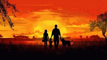 AI Generative Silhouette of happy family walking in the meadow at sunset  Mother father and child son having fun outdoors enjoying time together  Family love mental health and happy lifestyle co photo