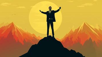 AI Generative Silhouette of successful businessman keeping hands up hiking on the top of mountain  Celebrating success winner and leader concept photo