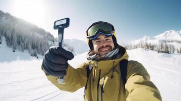 AI Generative Skier man is taking a selfie on a snowy mountain at winter photo