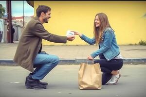 ai generativo sonriente hombre sorpresas su Novia con presente al aire libre foto