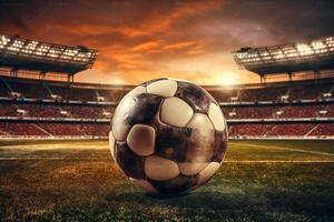 AI Generative Soccer ball in goal outdoor on a sunset background  Lifestyle scene concept about sport photo
