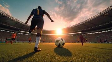 ai generativo fútbol jugador es formación solo a el estadio a puesta de sol concepto acerca de fútbol deporte personas y estilo de vida foto