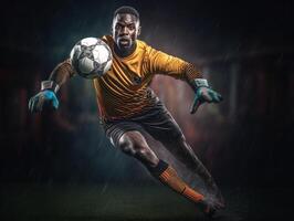 AI Generative Soccer player in action on the soccer stadium  Goalkeeper catches the ball  Football and sport championship concept photo