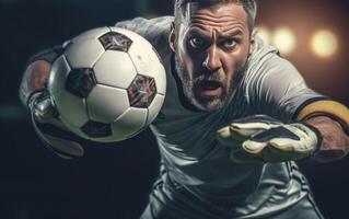 AI Generative Soccer player in action on the soccer stadium  Goalkeeper catches the ball  Football and sport championship concept photo