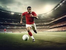 AI Generative Soccer player dribbling with the ball at the stadium photo