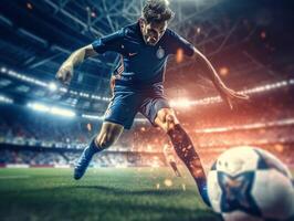 AI Generative Soccer player playing football on stadium  Concept of sport competition motion overcoming photo