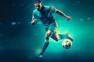 AI Generative Soccer player playing football on stadium  Concept of sport competition motion overcoming photo