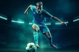 AI Generative Soccer player playing football on stadium  Concept of sport competition motion overcoming photo