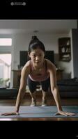 ai generativo deportivo mujer en ropa de deporte haciendo gimnasio ejercicio acecho ordenador personal ordenador portátil en el vivo habitación joven niña formación aptitud a hogar deporte y recreación concepto foto