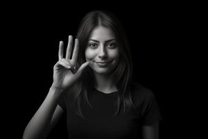 AI Generative Stop violence against women Woman raised her hand for dissuade standing against dark wall photo