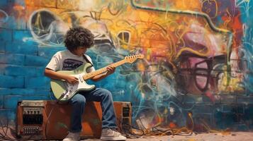 AI Generative Street artist plays guitar  art lifestyle and music concept photo