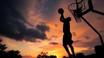 ai generativo calle baloncesto jugador haciendo un poderoso golpe remojar en el Corte atlético masculino formación al aire libre a puesta de sol deporte y competencia concepto foto