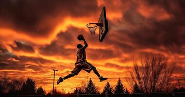 ai generativo calle baloncesto jugador haciendo un poderoso golpe remojar en el Corte atlético masculino formación al aire libre a puesta de sol deporte y competencia concepto foto