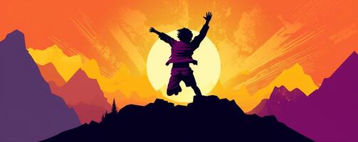 AI Generative Success achievement silhouette  Man celebrating with arms up raised outstretched hiking mountains  Sport and business concept photo