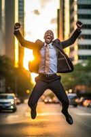 AI Generative Successful businessman shouting looking at the sky  Happy black businessman at downtown clenching his fists photo