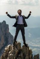 AI Generative Successful hiker man jumping on the top of the mountain  Successful business and sport concept photo