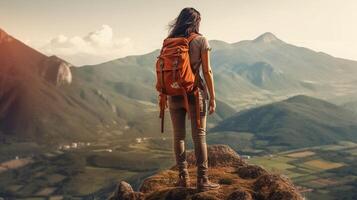 AI Generative Successful hiker woman with backpack on the top of the mountain looking the skyline photo