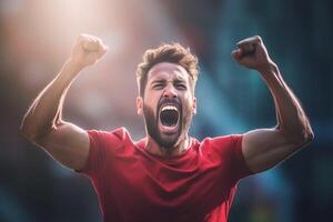 AI Generative Successful soccer player laughed up his arms to the sky Concept about sport photo