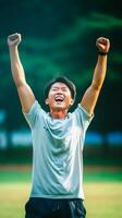 AI Generative Successful soccer player laughed up his arms to the sky Concept about sport photo