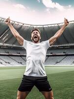 AI Generative Successful soccer player laughed up his arms to the sky Concept about sport photo