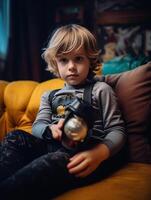 AI Generative Superhero child playing video game with joystick sitting on the couch at home  Children gaming and technology concept photo